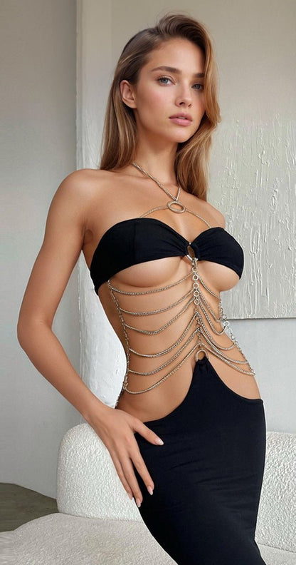 Ultra Sexy Drape Chain Black Dress - Unspoken Fashion