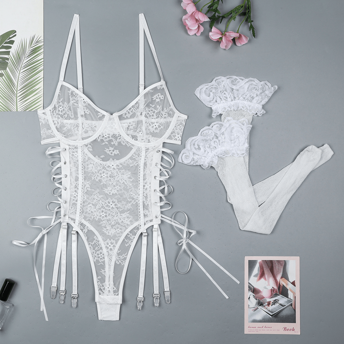 Vienna Lace - Up Sheer Lace 2 Piece White Bodysuit - Unspoken Fashion