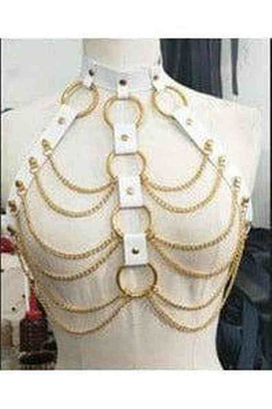 White & Gold Faux Leather Body Harness