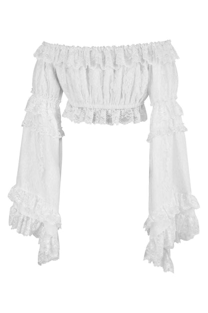White Lace Smocked Flare Sleeve Peasant Top.