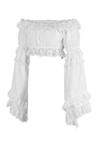 White Lace Smocked Flare Sleeve Peasant Top