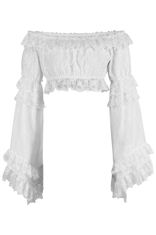 White Lace Smocked Flare Sleeve Peasant Top.