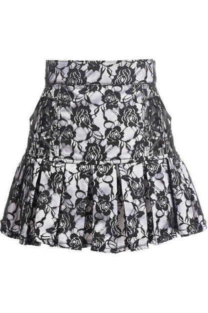 White Satin w/Black Lace Overlay Lace-Up Skirt