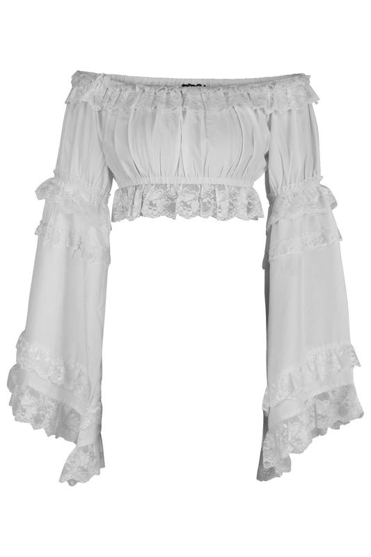 White Smocked Flare Sleeve Peasant Top.
