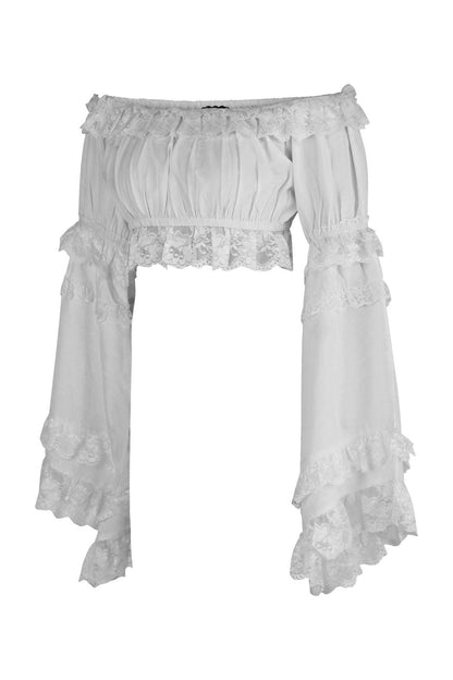 White Smocked Flare Sleeve Peasant Top.