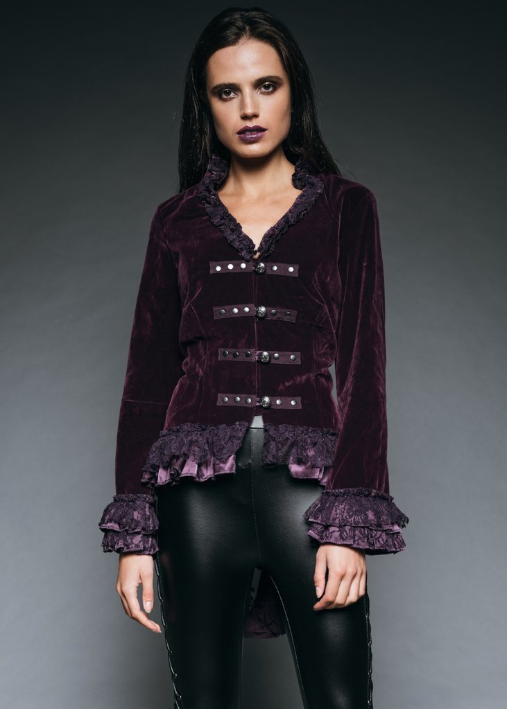 Witchy Woman Purple Velvet Steampunk Tail Jacket with Back Lacing - Unspoken Fashion