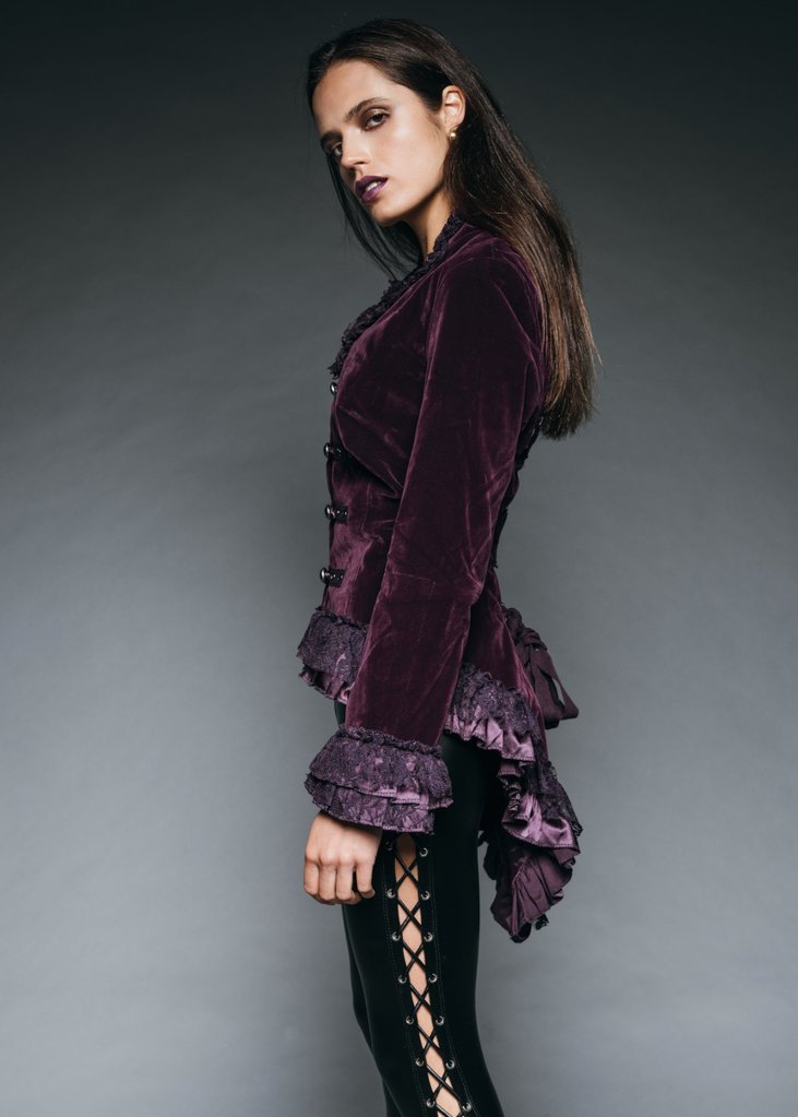 Witchy Woman Purple Velvet Steampunk Tail Jacket with Back Lacing - Unspoken Fashion