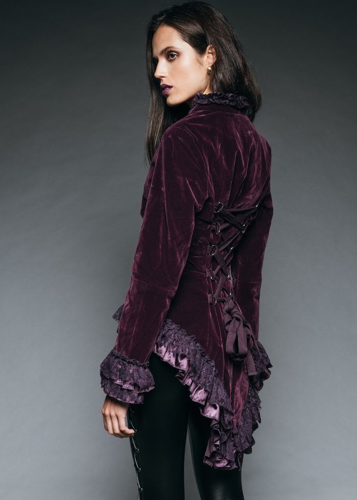 Witchy Woman Purple Velvet Steampunk Tail Jacket with Back Lacing - Unspoken Fashion