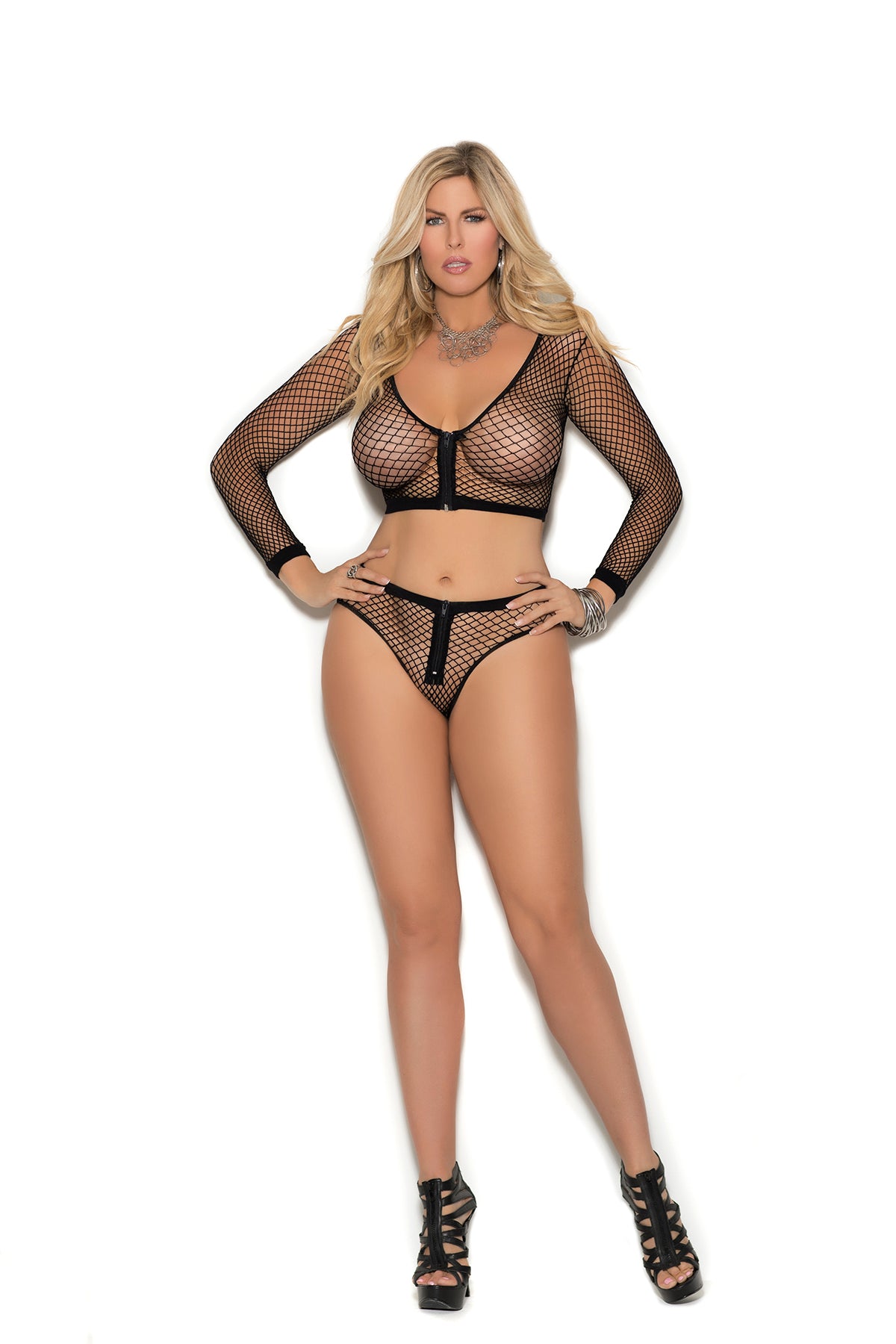 Long Sleeve Fence Net Cami Top And Matching Booty Shorts  - Queen Size-Elegant Moments