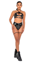 High-Waisted Vinyl Zip-Up Shorts - Rave & Festival Wear-Roma Costume