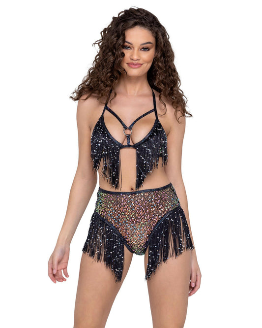 Roma Sequin Fishnet Triangle Tie Top - Rave & Festival Wear.