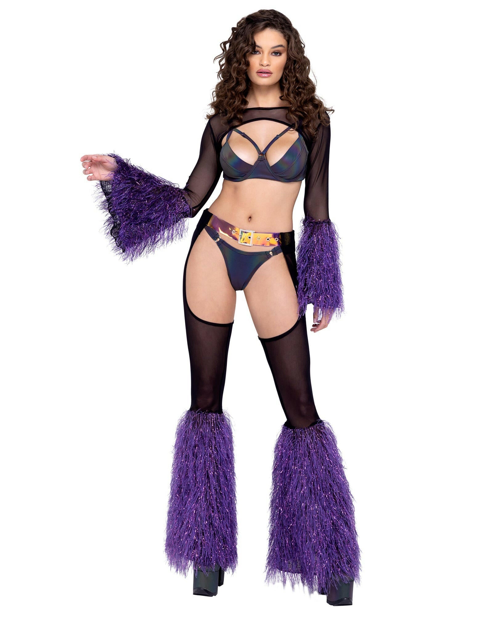 Roma Sheer Chaps with Faux Fur Bell & Belt - Rave & Festival Wear.