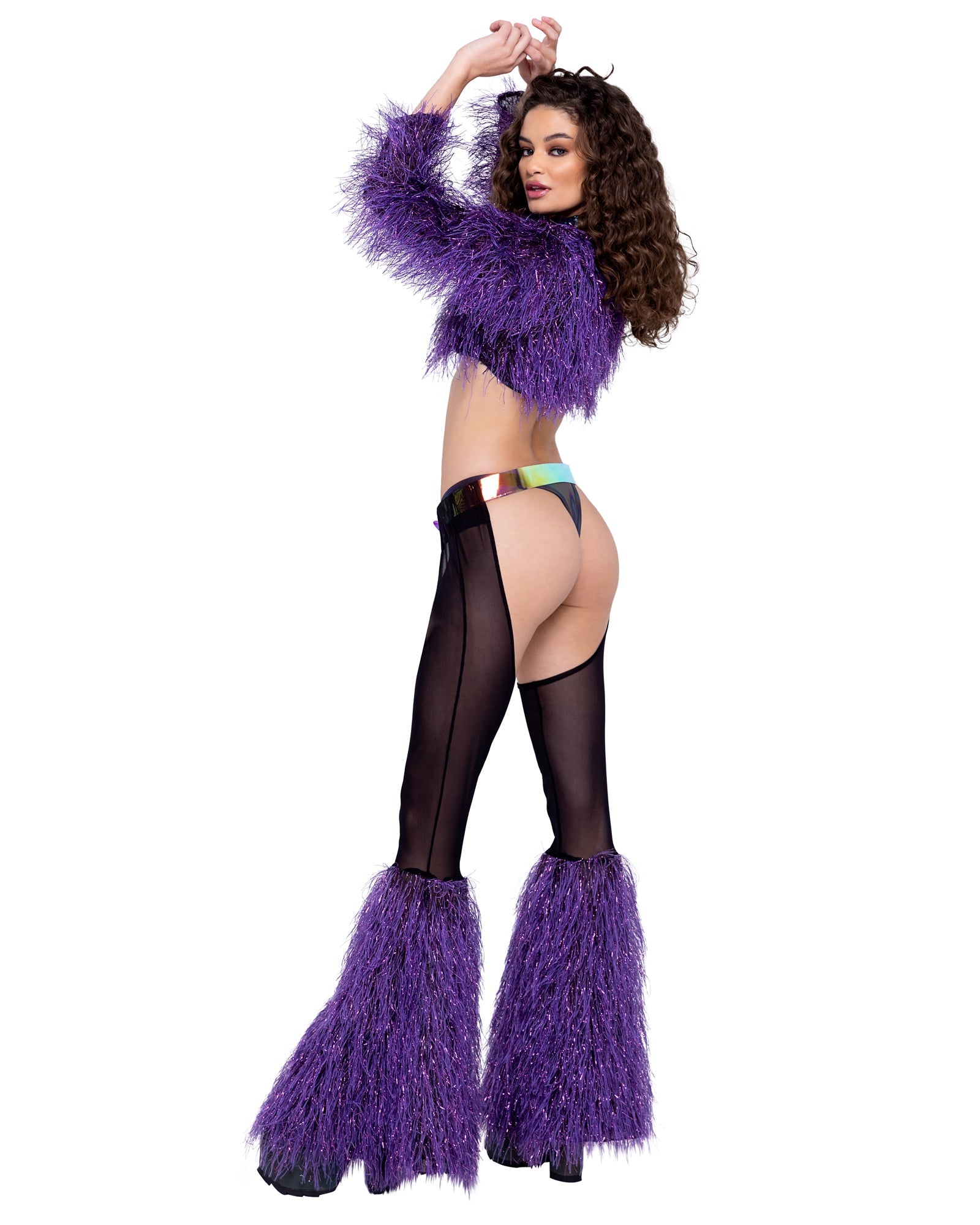 Long Sleeved Faux Fur Cropped Top - Rave & Festival Wear-Roma Costume