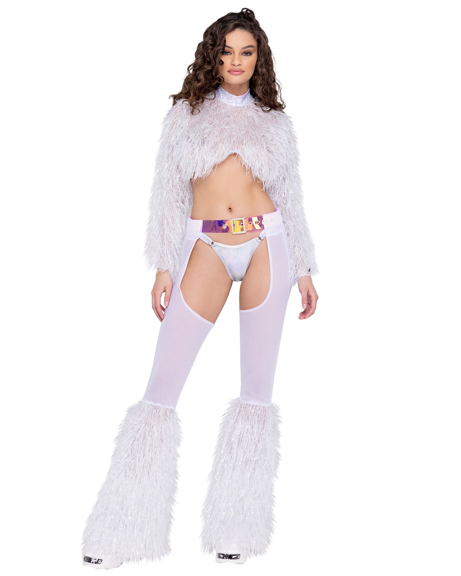 Long Sleeved Faux Fur Cropped Top - Rave & Festival Wear-Roma Costume