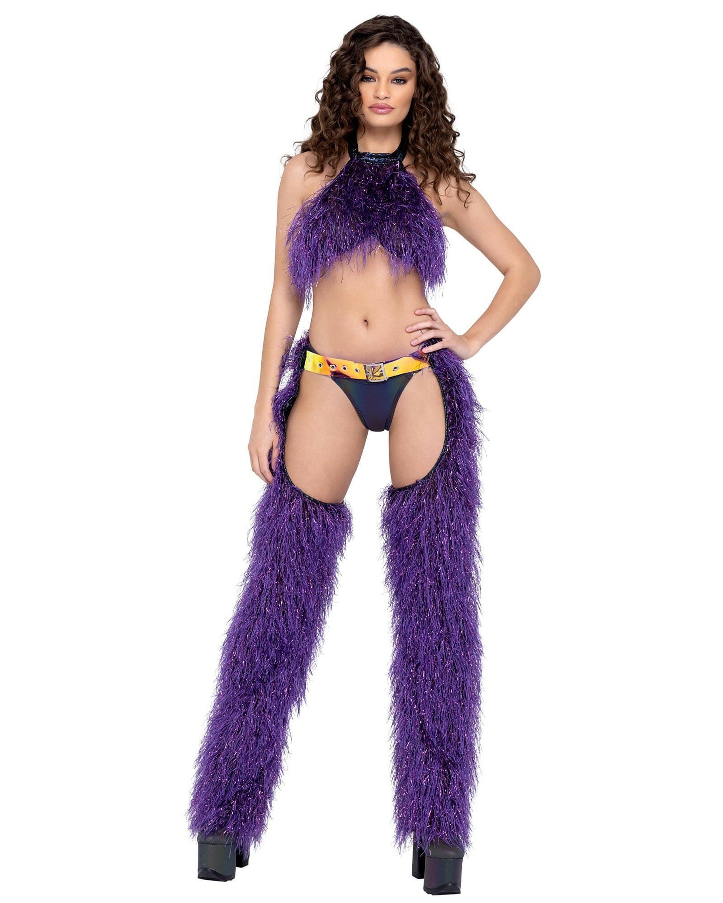 Roma Faux-Fur Cropped Halter Neck Top - Rave & Festival Wear.