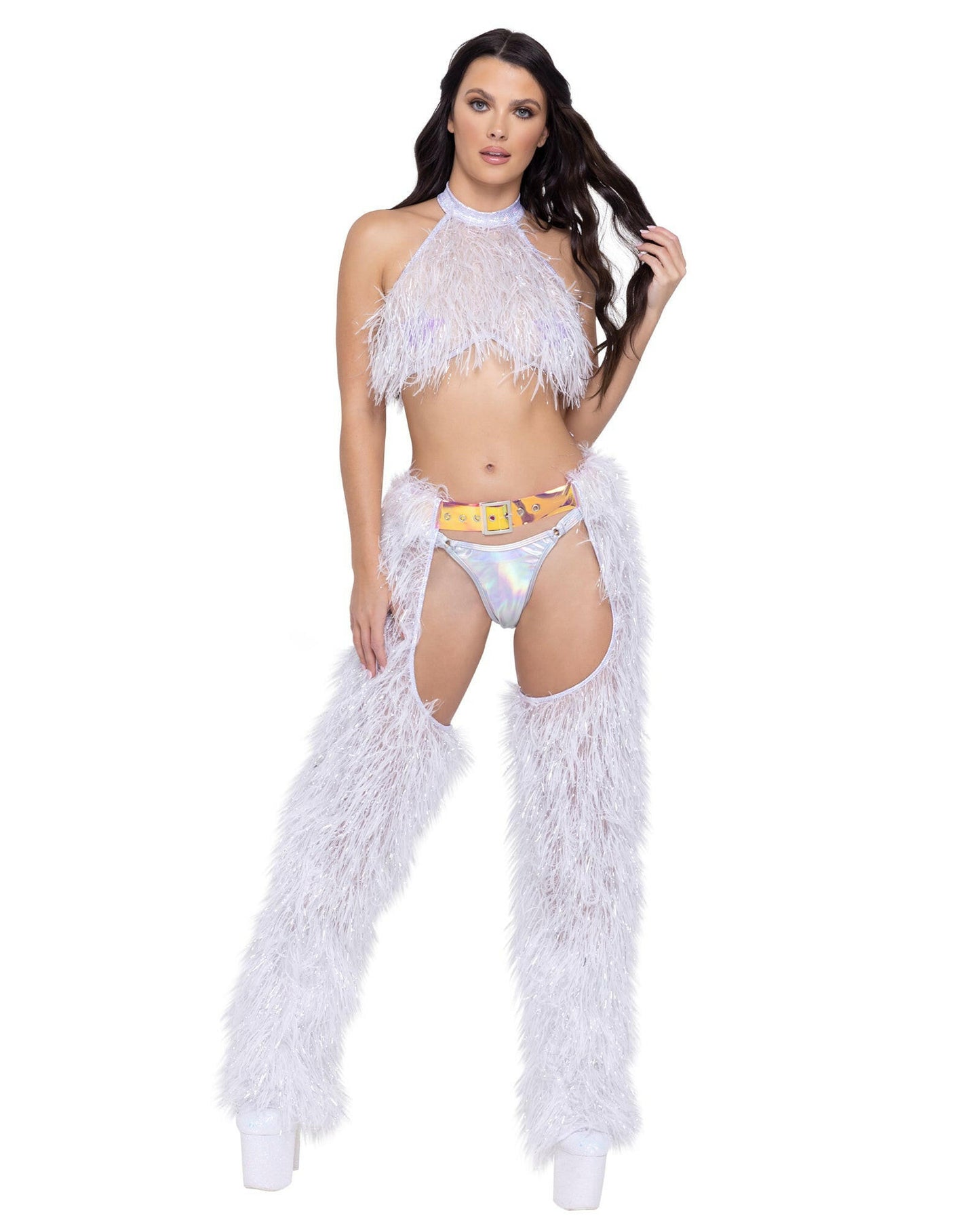 Roma Faux-Fur Cropped Halter Neck Top - Rave & Festival Wear.