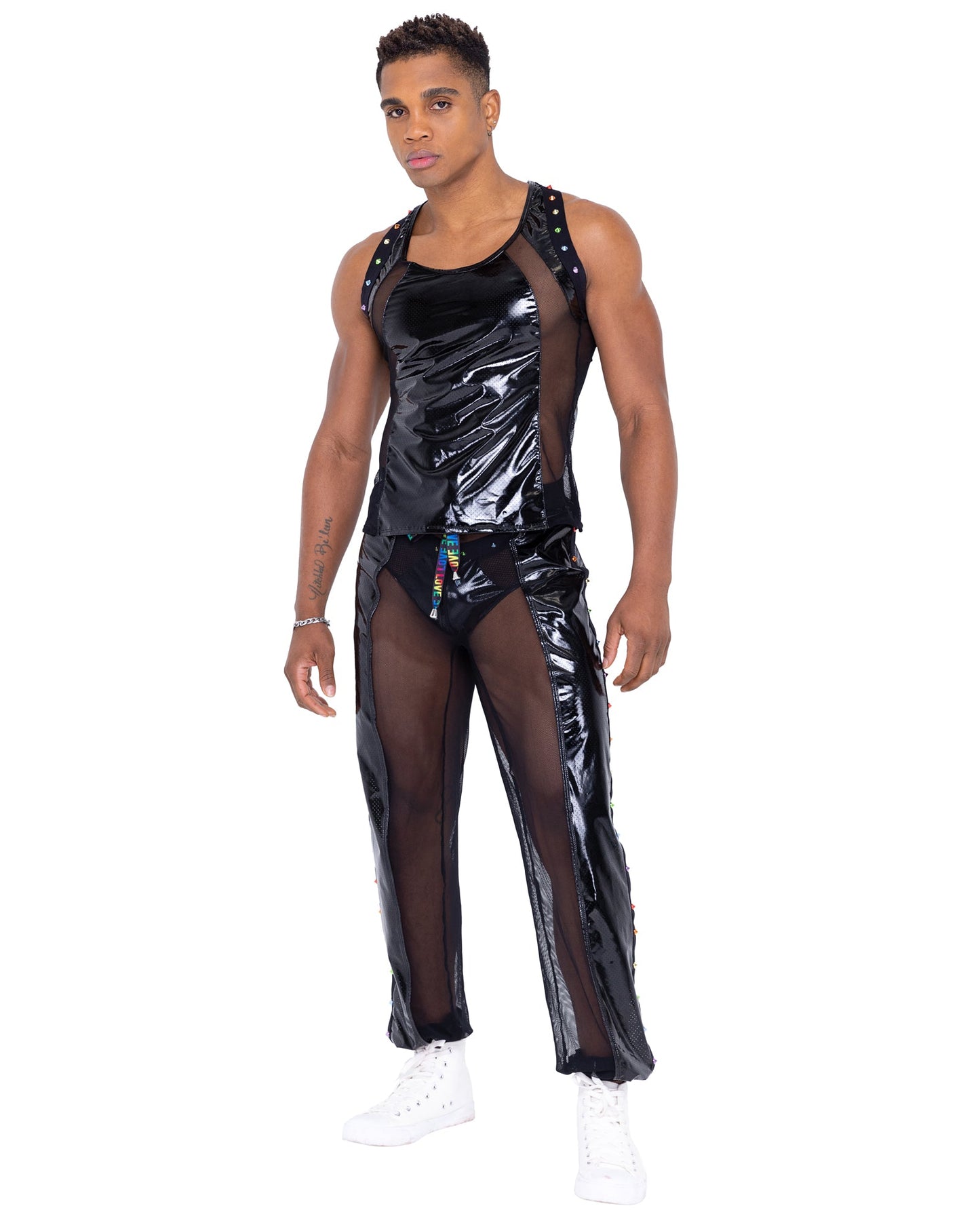 Roma Mens Pride Vinyl Mesh & Mesh Joggers - Rave & Festival Wear.