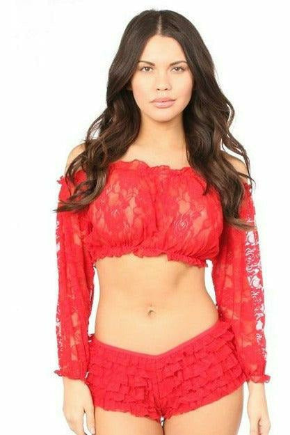 Red Sheer Lace Long Sleeve Peasant Top-Daisy Corsets