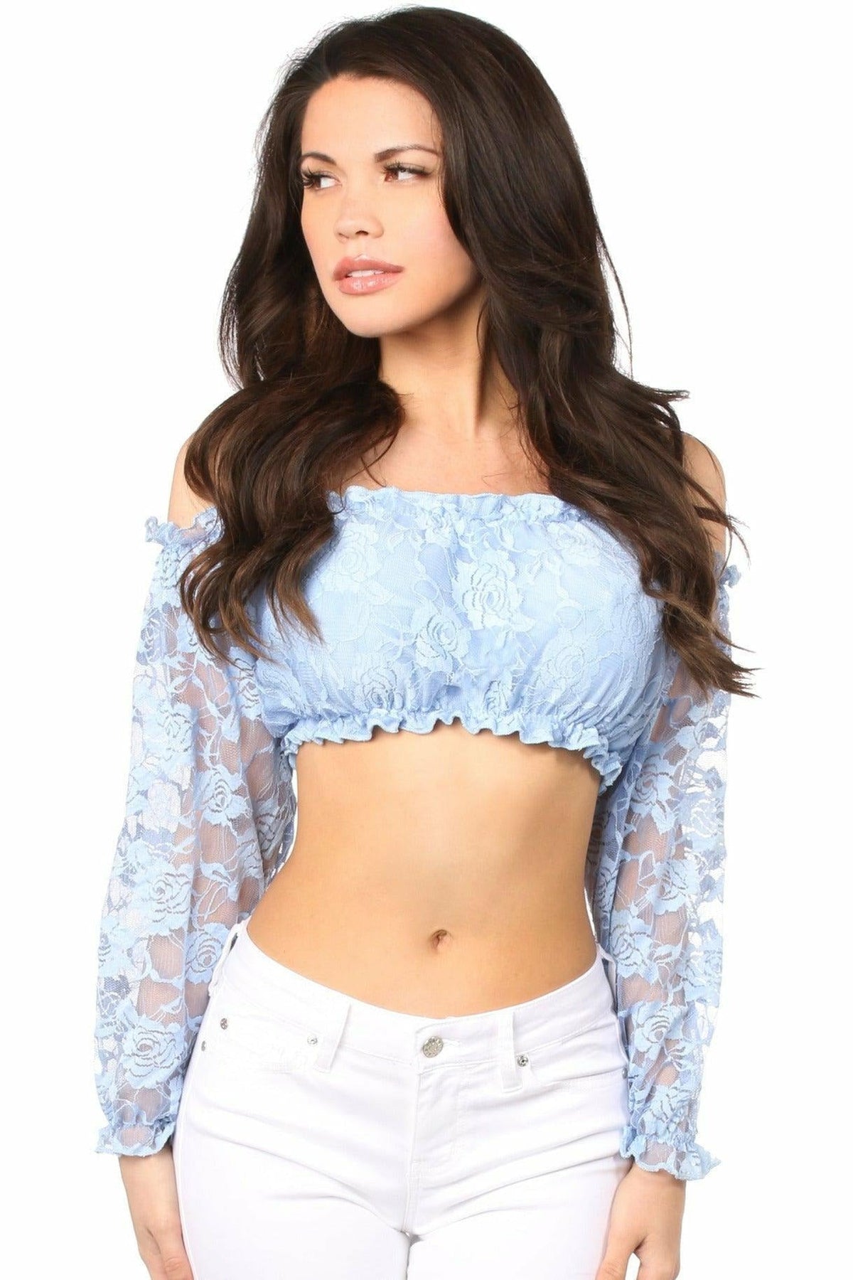 Lt Blue Lined Lace Long Sleeve Peasant Top-Daisy Corsets