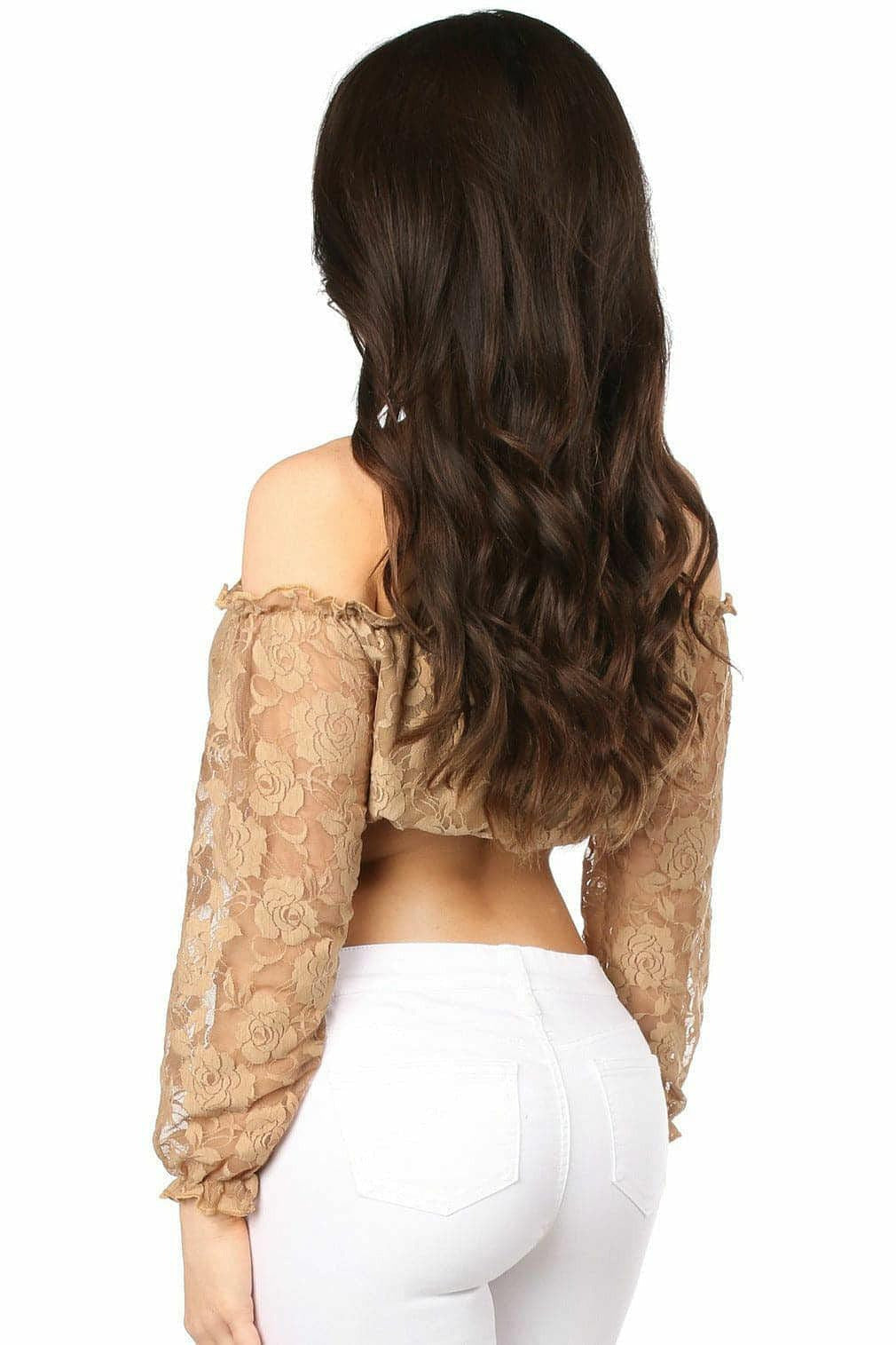 Beige Lined Lace Long Sleeve Peasant Top-Daisy Corsets