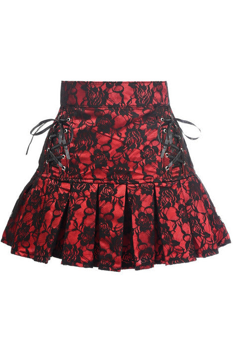 Red Satin w/Black Lace Overlay Lace-Up Skirt.