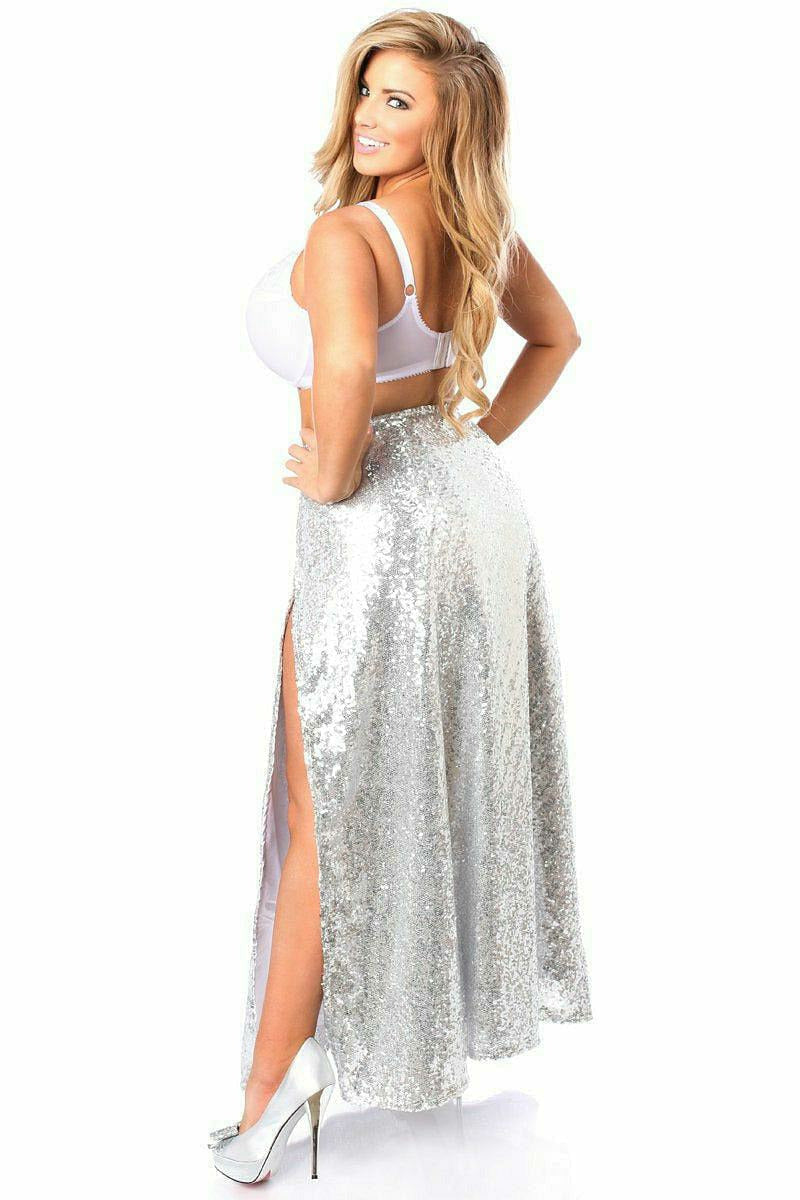 Top Drawer Long Silver Sequin Skirt.
