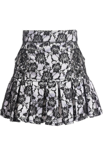 White Satin w/Black Lace Overlay Lace-Up Skirt.