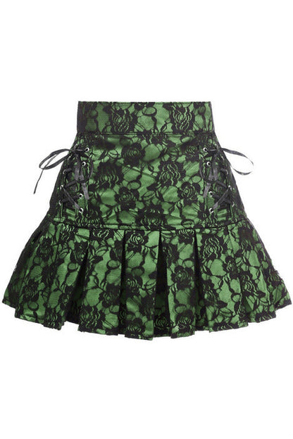 Green Satin w/Black Lace Overlay Lace-Up Skirt.