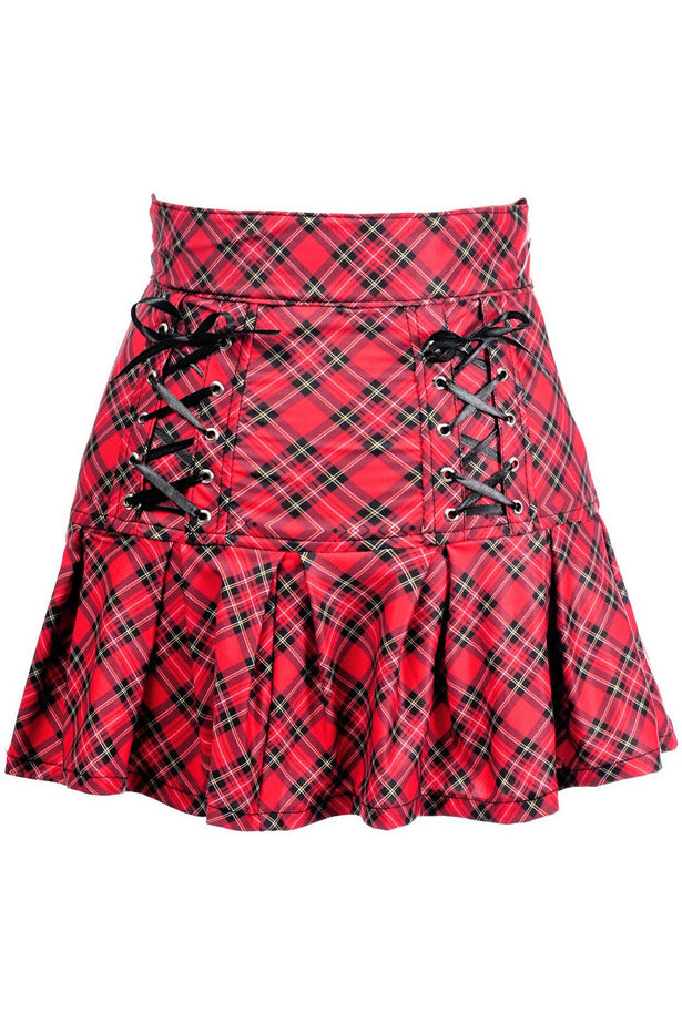 Red Plaid Lace-Up Stretch Lycra Skirt-Daisy Corsets