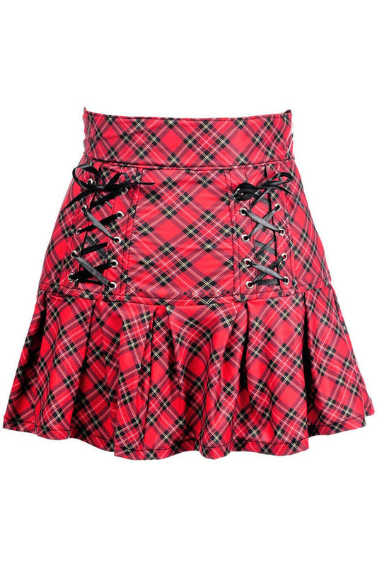 Red Plaid Lace-Up Stretch Lycra Skirt.