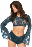 Dark Teal Sheer Lace Bell Sleeve Peasant Top-Daisy Corsets