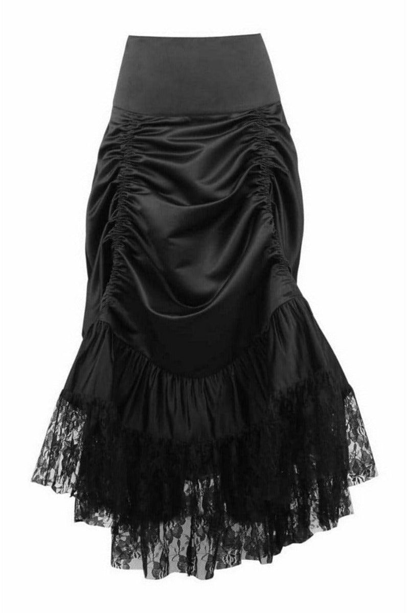 Black Satin & Lace Gothic Long Hi Low Bustle Skirt-Daisy Corsets