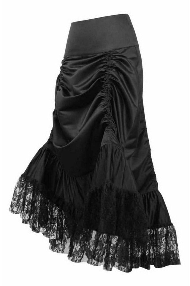 Black Satin & Lace Gothic Long Hi Low Bustle Skirt-Daisy Corsets