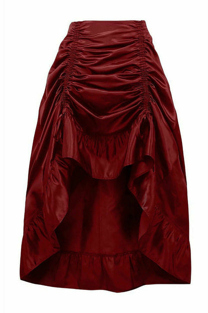 Wine Satin Hi Low Ruched Ruffle Skirt.