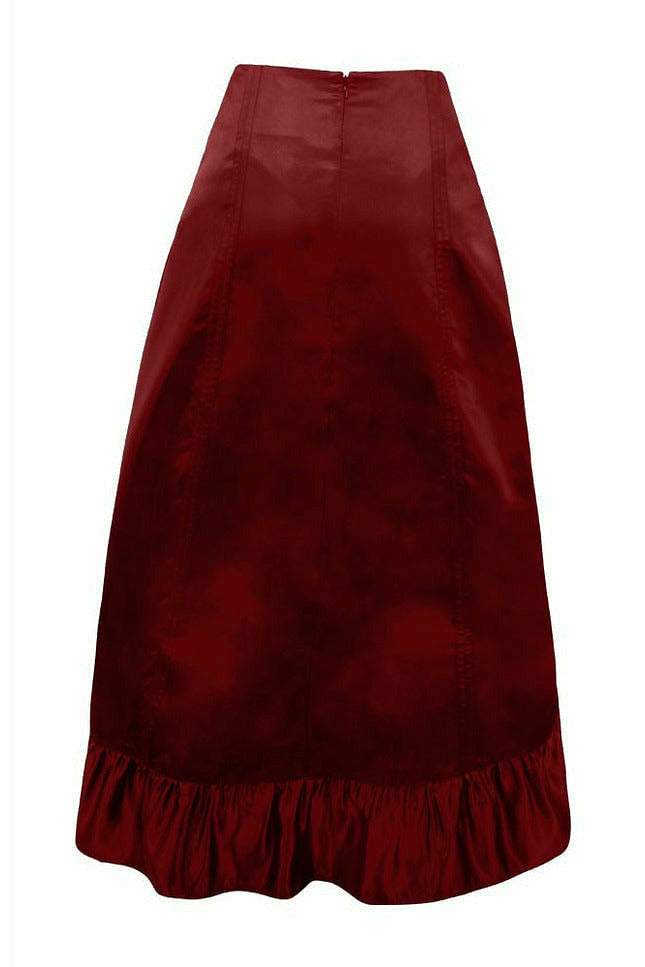Wine Satin Hi Low Ruched Ruffle Skirt.