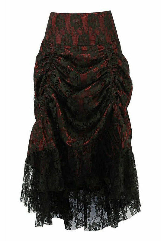 Red w/Black Lace Overlay Ruched Bustle Skirt.