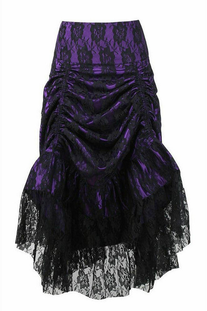 Purple w/Black Lace Overlay Ruched Bustle Skirt.