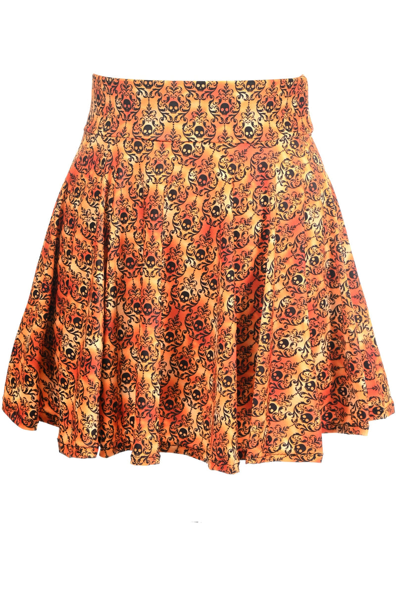 Orange Skulls Gothic Print Stretch Lycra Skirt-Daisy Corsets