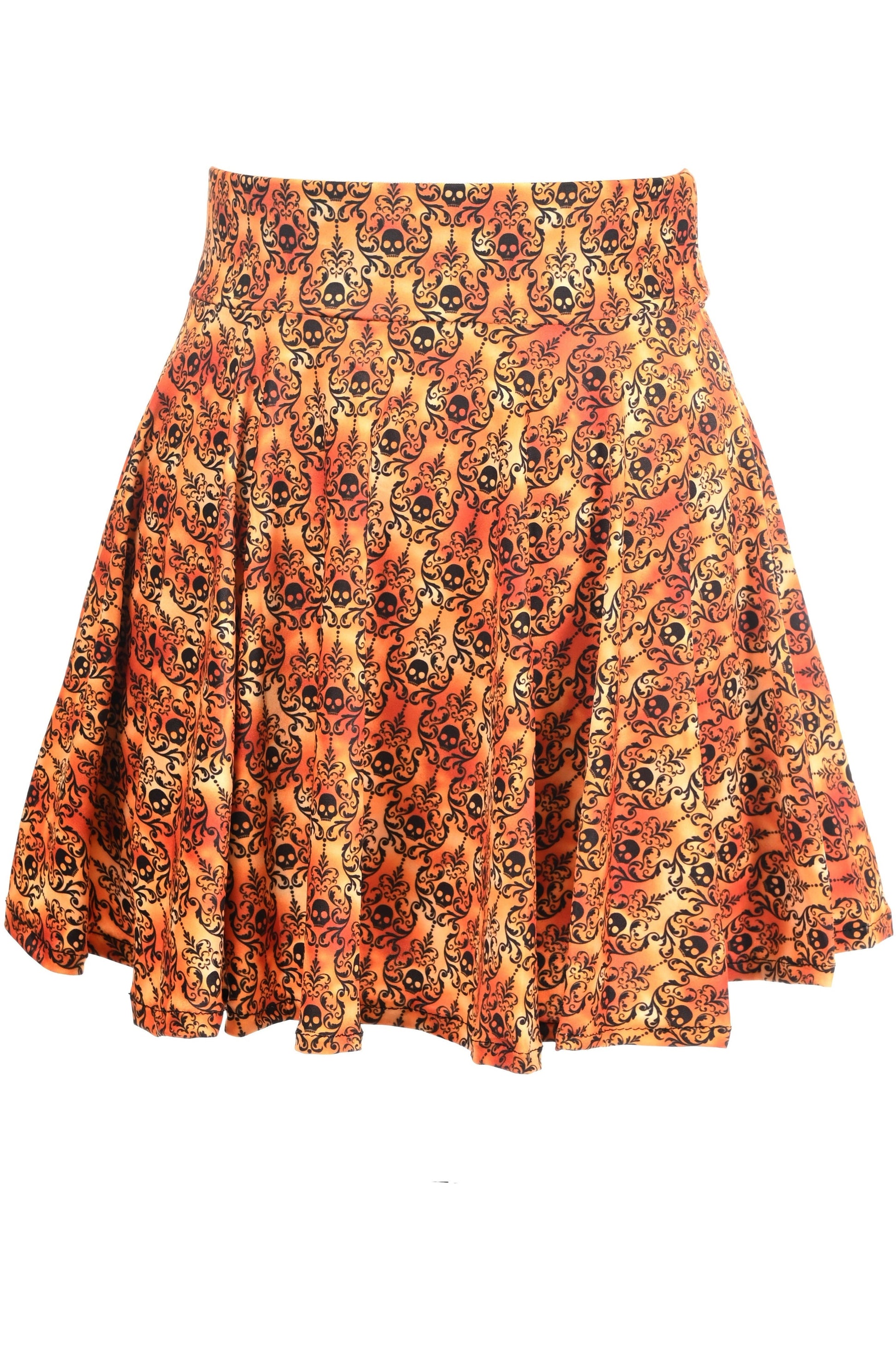 Orange Skulls Gothic Print Stretch Lycra Skirt.