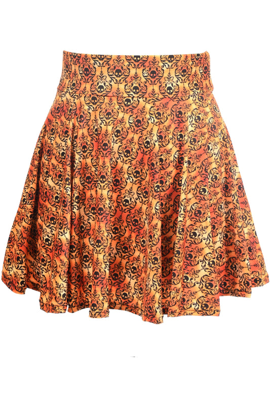 Orange Skulls Gothic Print Stretch Lycra Skirt.