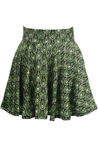 Green Skulls Gothic Print Stretch Lycra Skirt-Daisy Corsets
