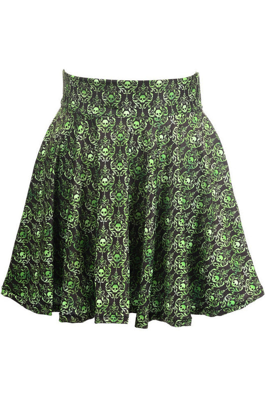 Green Skulls Gothic Print Stretch Lycra Skirt.