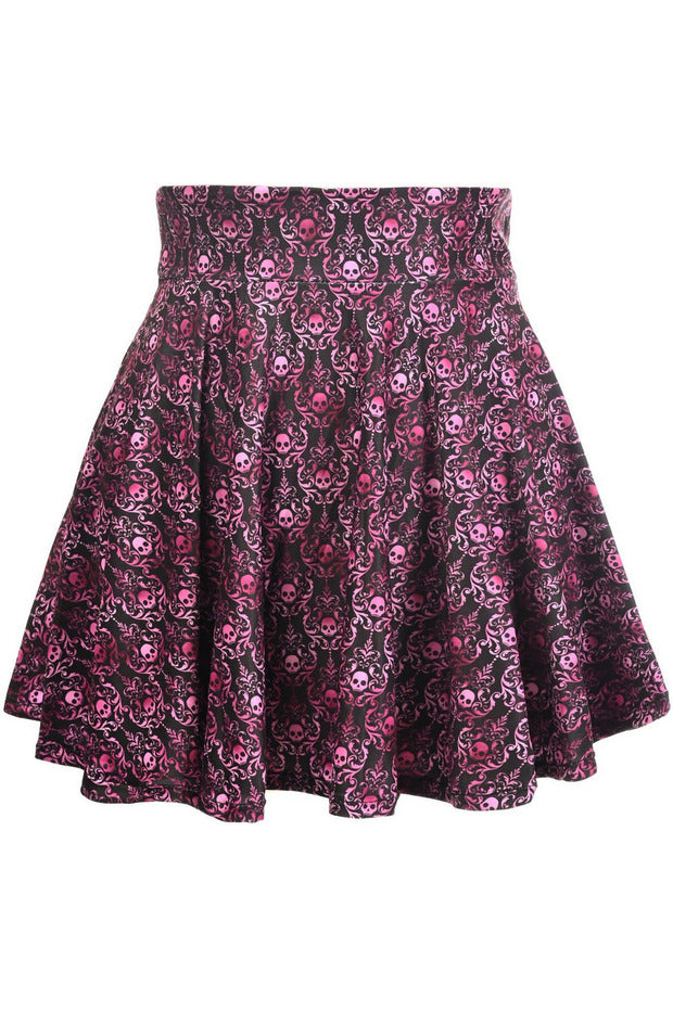 Purple Skulls Gothic Print Stretch Lycra Skirt.