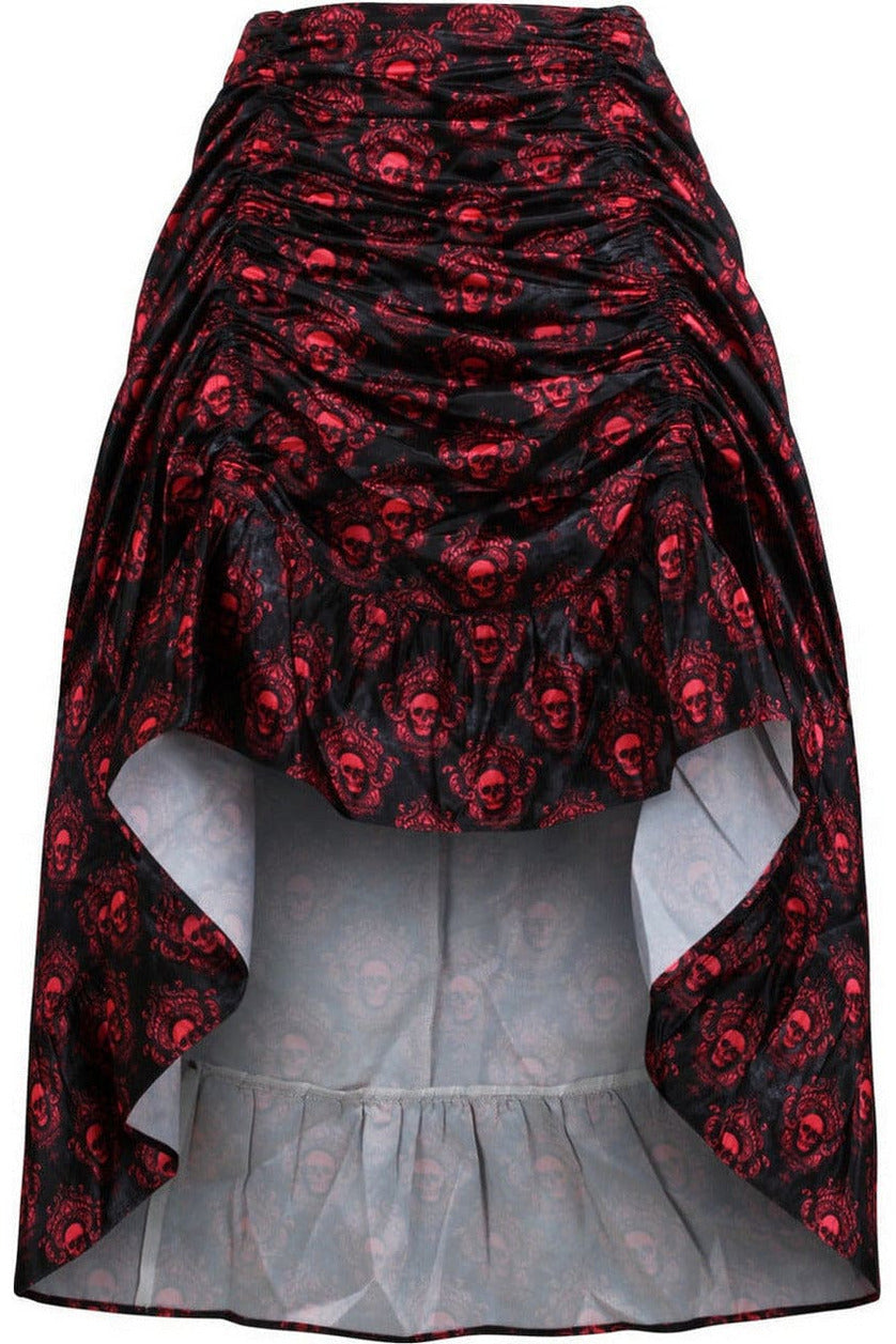 Red & Black Skull Satin Adjustable High Low Skirt - 34" Long-Daisy Corsets