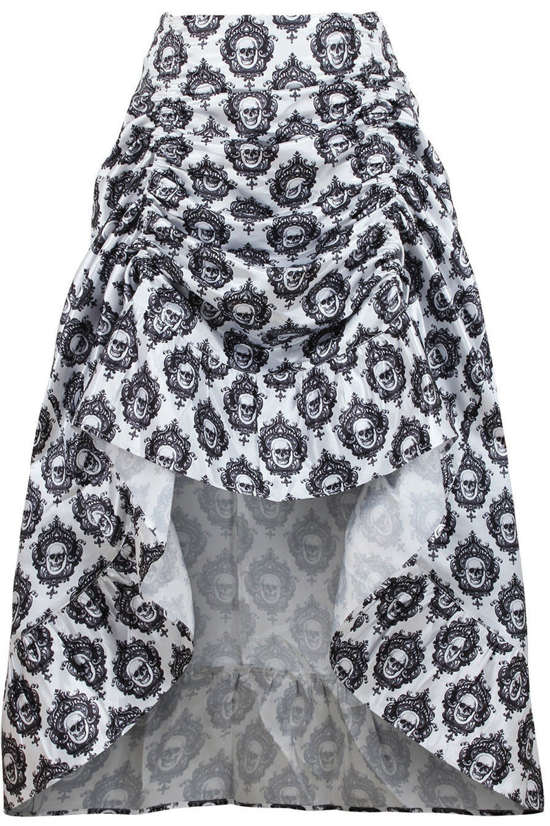 White & Black Skull Satin Adjustable High Low Skirt-Daisy Corsets