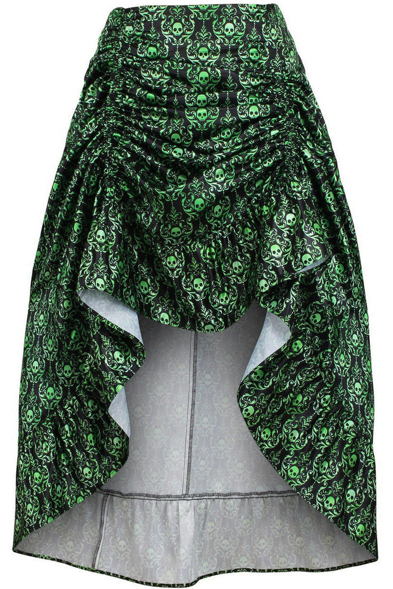 Green & Black Skull Satin Adjustable High Low Skirt-Daisy Corsets
