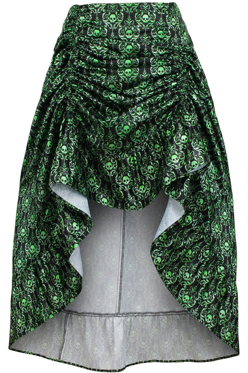 Green & Black Skull Satin Adjustable High Low Skirt - 34" Long-Daisy Corsets