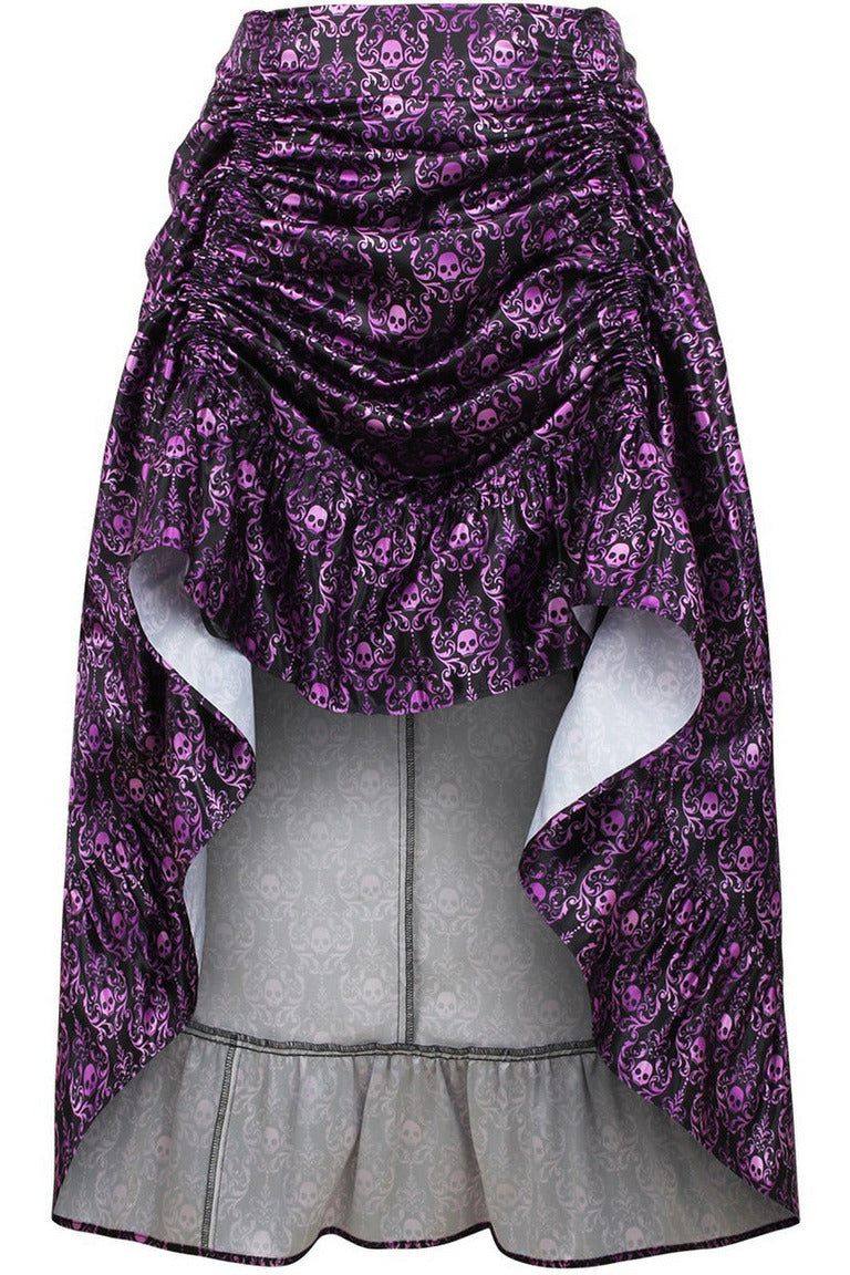 Purple & Black Skull Satin Adjustable High Low Skirt-Daisy Corsets