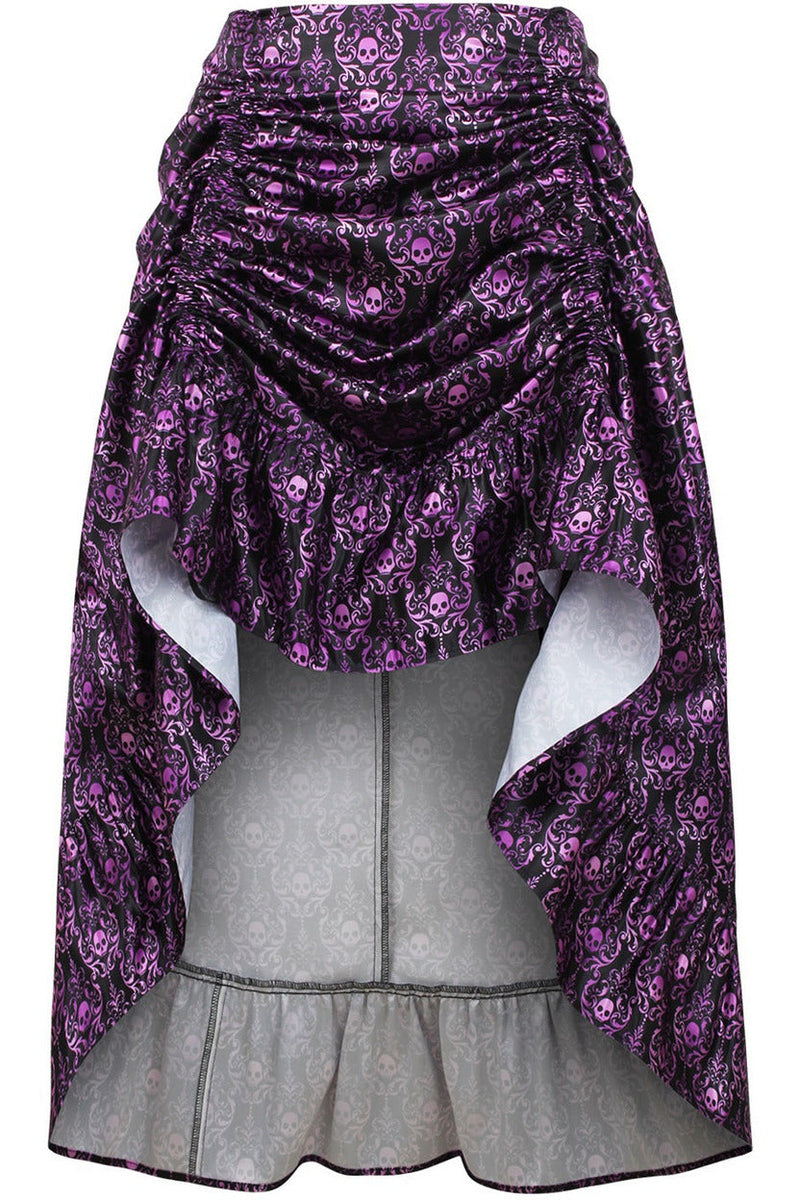 Purple & Black Skull Satin Adjustable High Low Skirt - 34" Long-Daisy Corsets