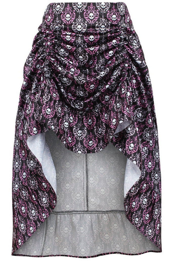 Black/White/Purple Skull Satin Adjustable High Low Skirt-Daisy Corsets